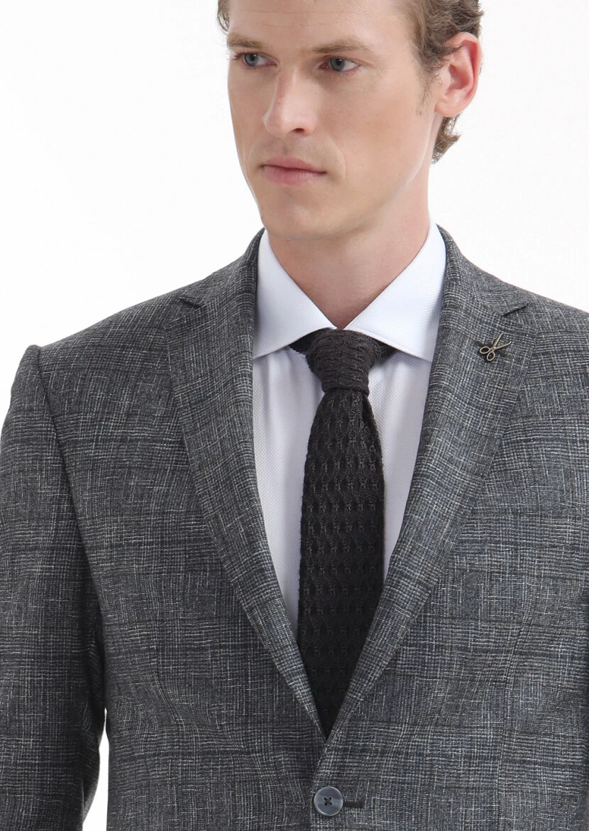 Koyu Gri Kareli Zeroweight Slim Fit %100 Yün Takım Elbise - 4
