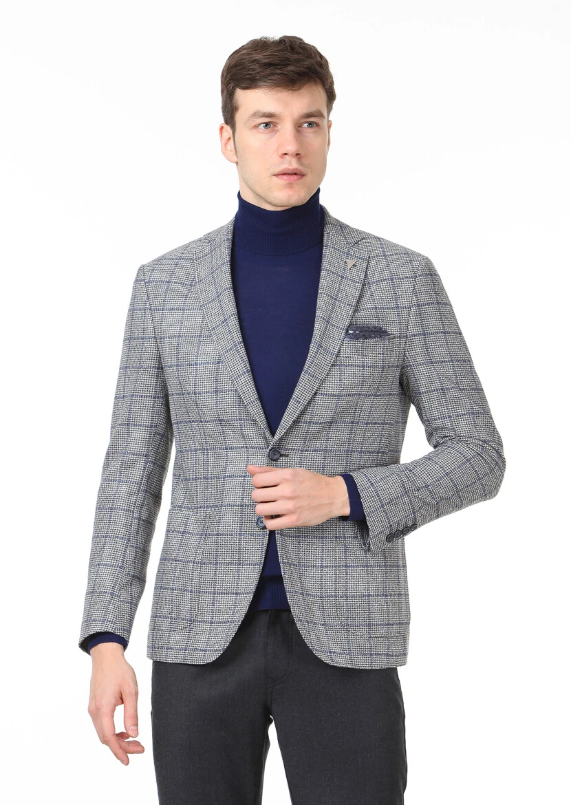 Koyu Gri Kareli Zeroweight Slim Fit Yün Karışımlı Ceket - 1