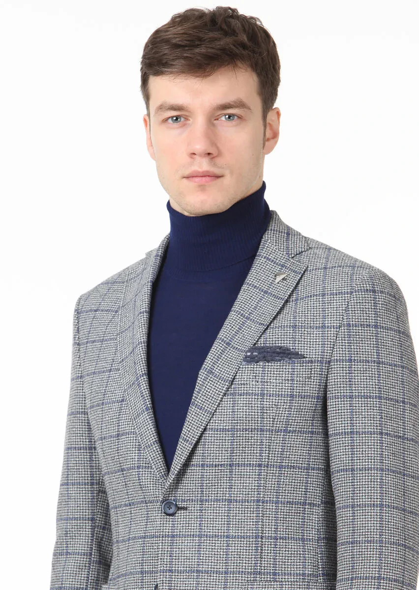 Koyu Gri Kareli Zeroweight Slim Fit Yün Karışımlı Ceket - 2