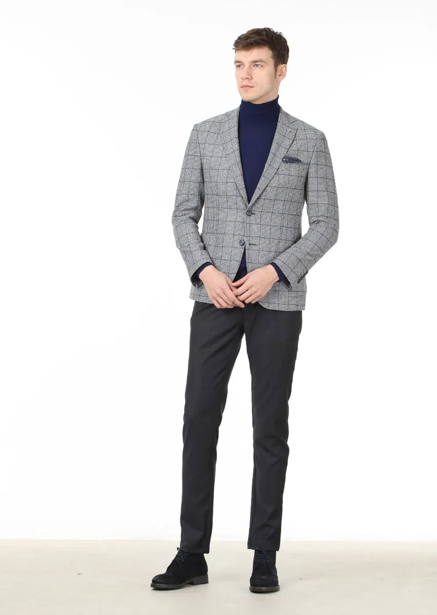 Koyu Gri Kareli Zeroweight Slim Fit Yün Karışımlı Ceket - 3