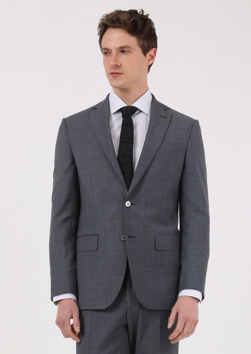 Koyu Gri Mikro Modern Fit Yün Karışımlı Takım Elbise - 2