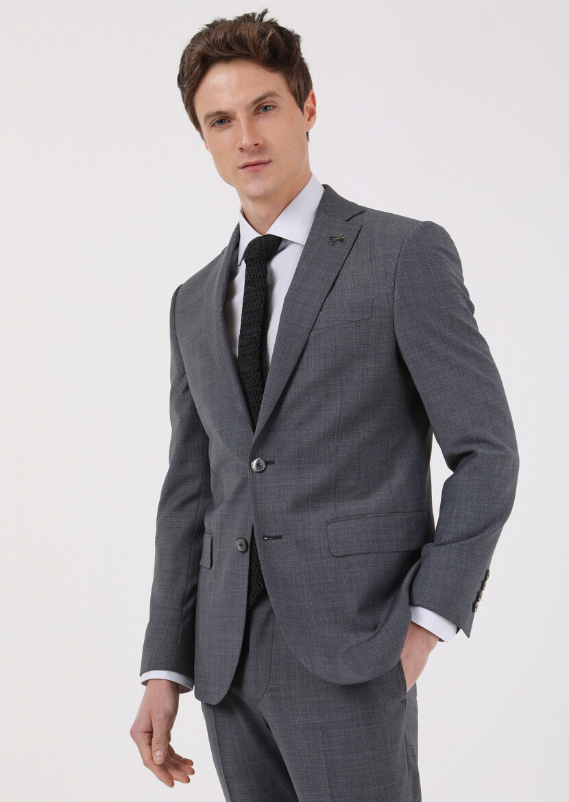 Koyu Gri Mikro Modern Fit Yün Karışımlı Takım Elbise - 3