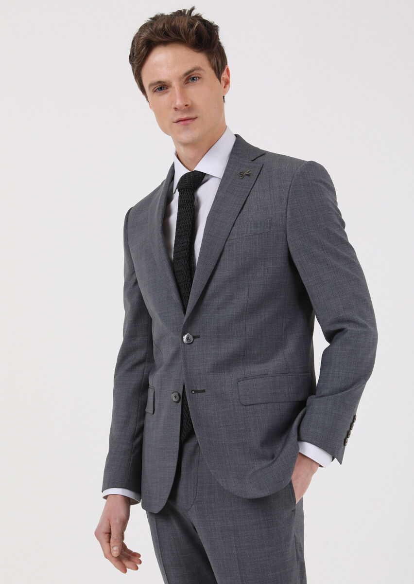 Koyu Gri Mikro Modern Fit Yün Karışımlı Takım Elbise - 3
