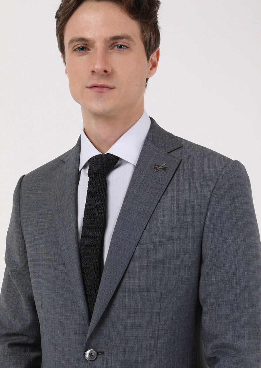 Koyu Gri Mikro Modern Fit Yün Karışımlı Takım Elbise - 4