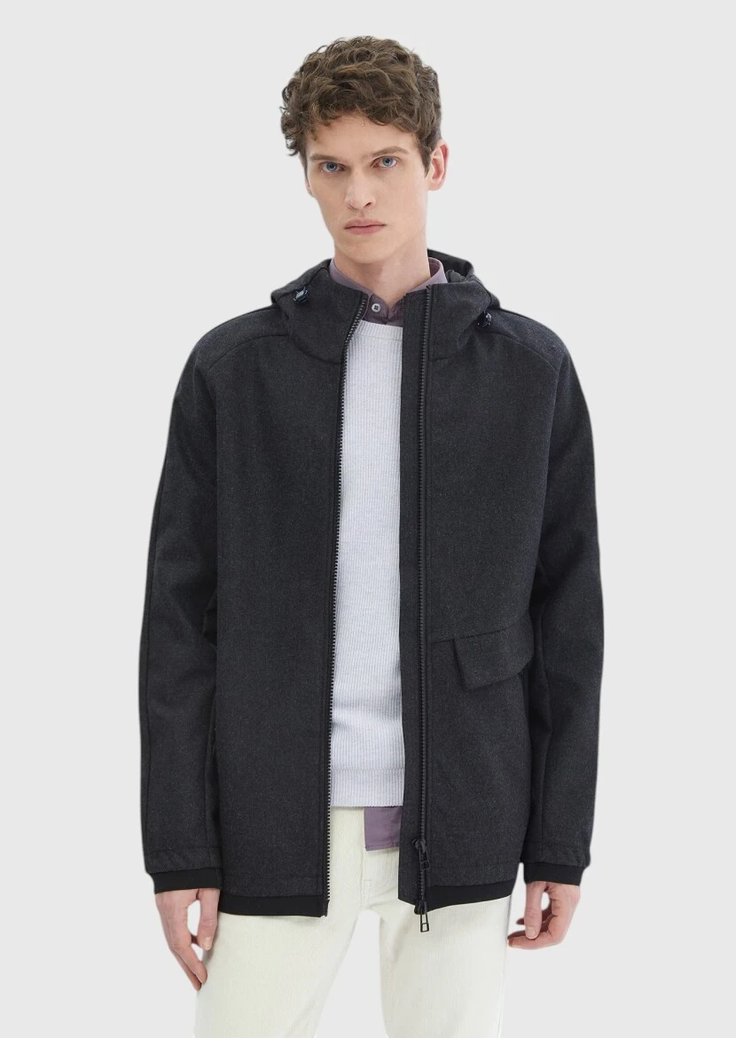 Koyu Gri Regular Fit Kapüşonlu Denim Dokuma Mont - 3