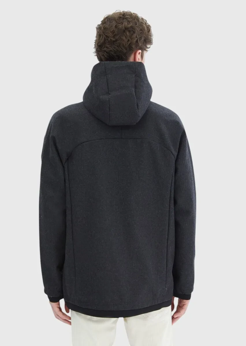 Koyu Gri Regular Fit Kapüşonlu Denim Dokuma Mont - 10