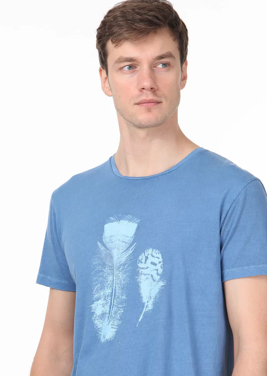 Koyu İndigo Baskılı %100 Pamuk T-Shirt - 2