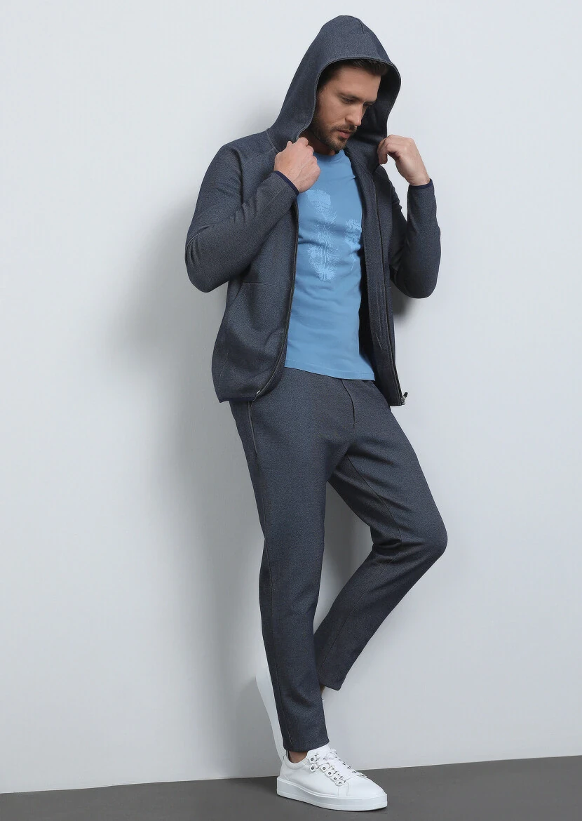 Koyu İndigo Baskılı %100 Pamuk T-Shirt - 5