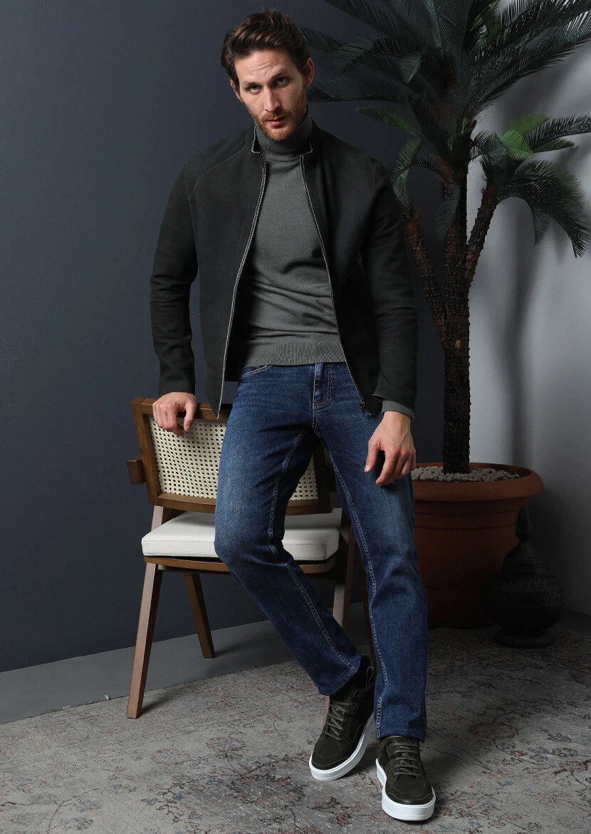 Koyu İndigo Düz Slim Fit Denim Pamuk Karışımlı Pantolon - 1