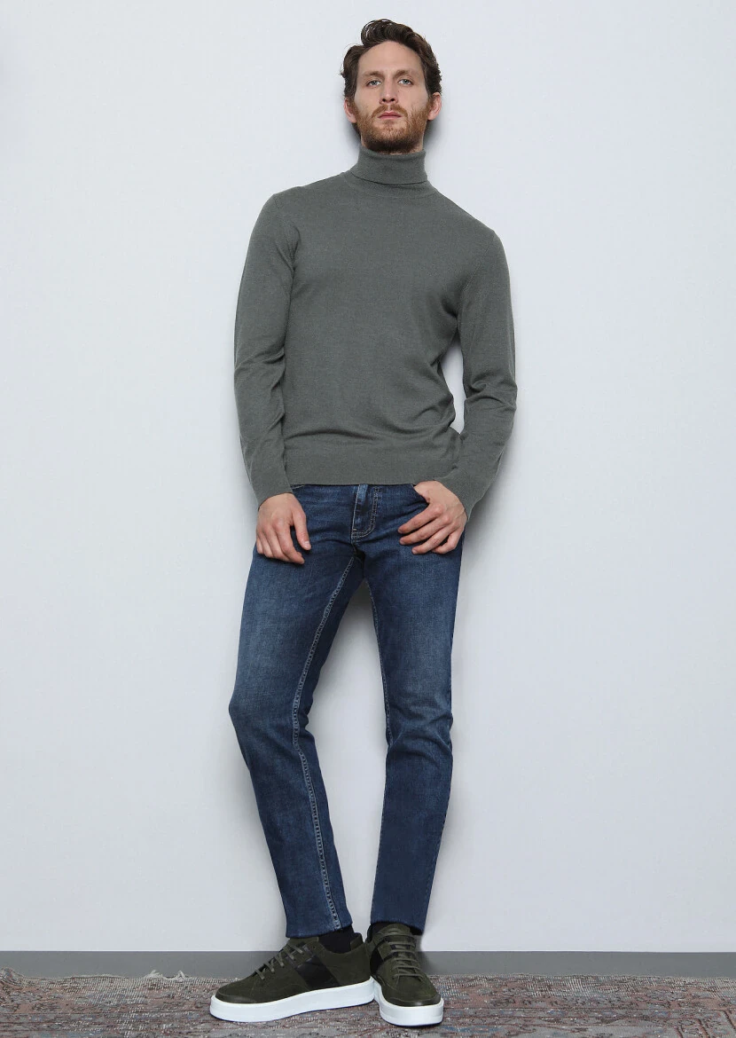 Koyu İndigo Düz Slim Fit Denim Pamuk Karışımlı Pantolon - 2