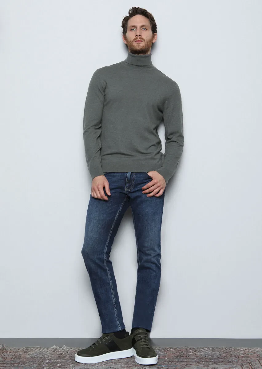 Koyu İndigo Düz Slim Fit Denim Pamuk Karışımlı Pantolon - 2