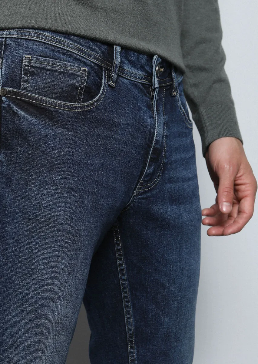 Koyu İndigo Düz Slim Fit Denim Pamuk Karışımlı Pantolon - 3