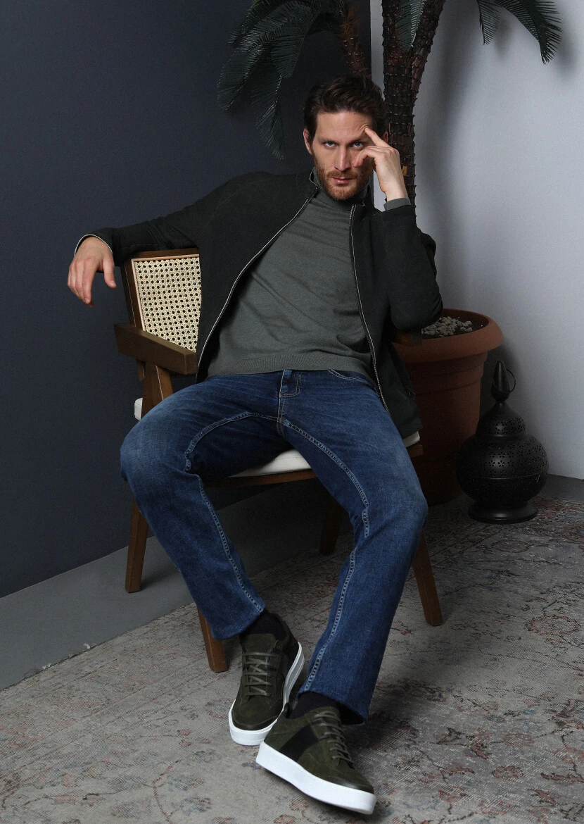 Koyu İndigo Düz Slim Fit Denim Pamuk Karışımlı Pantolon - 4