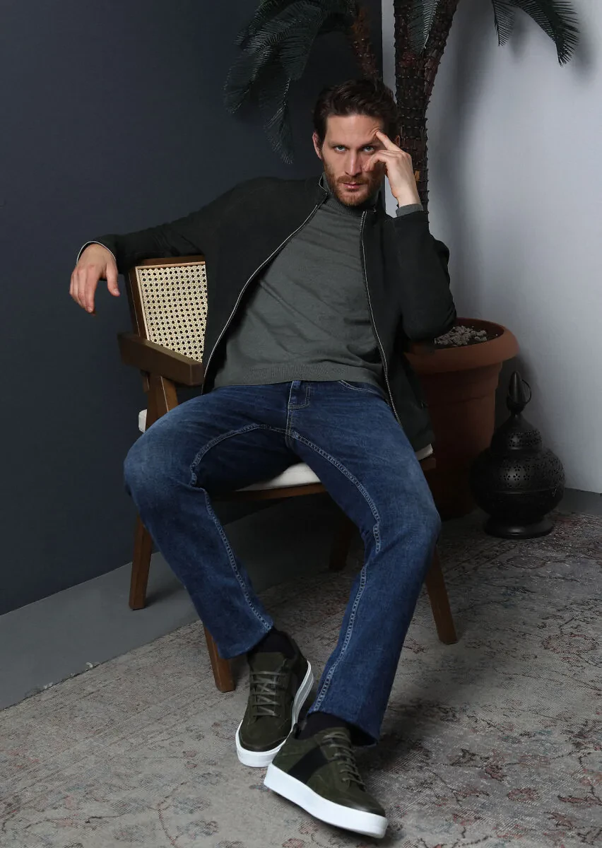 Koyu İndigo Düz Slim Fit Denim Pamuk Karışımlı Pantolon - 4