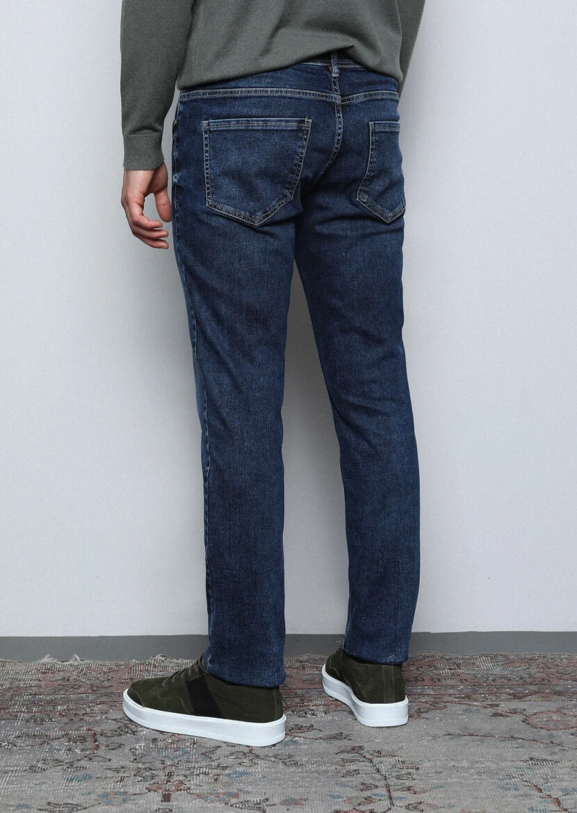 Koyu İndigo Düz Slim Fit Denim Pamuk Karışımlı Pantolon - 5