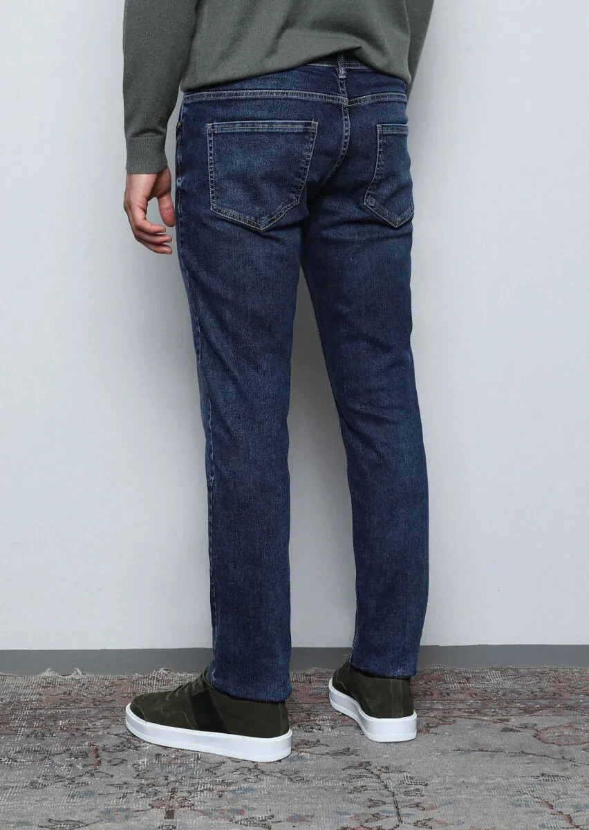 Koyu İndigo Düz Slim Fit Denim Pamuk Karışımlı Pantolon - 5