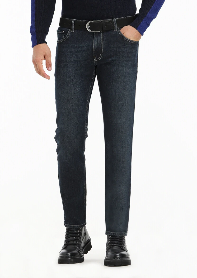 Koyu İndigo Düz Slim Fit Denim Pamuk Karışımlı Pantolon - 1