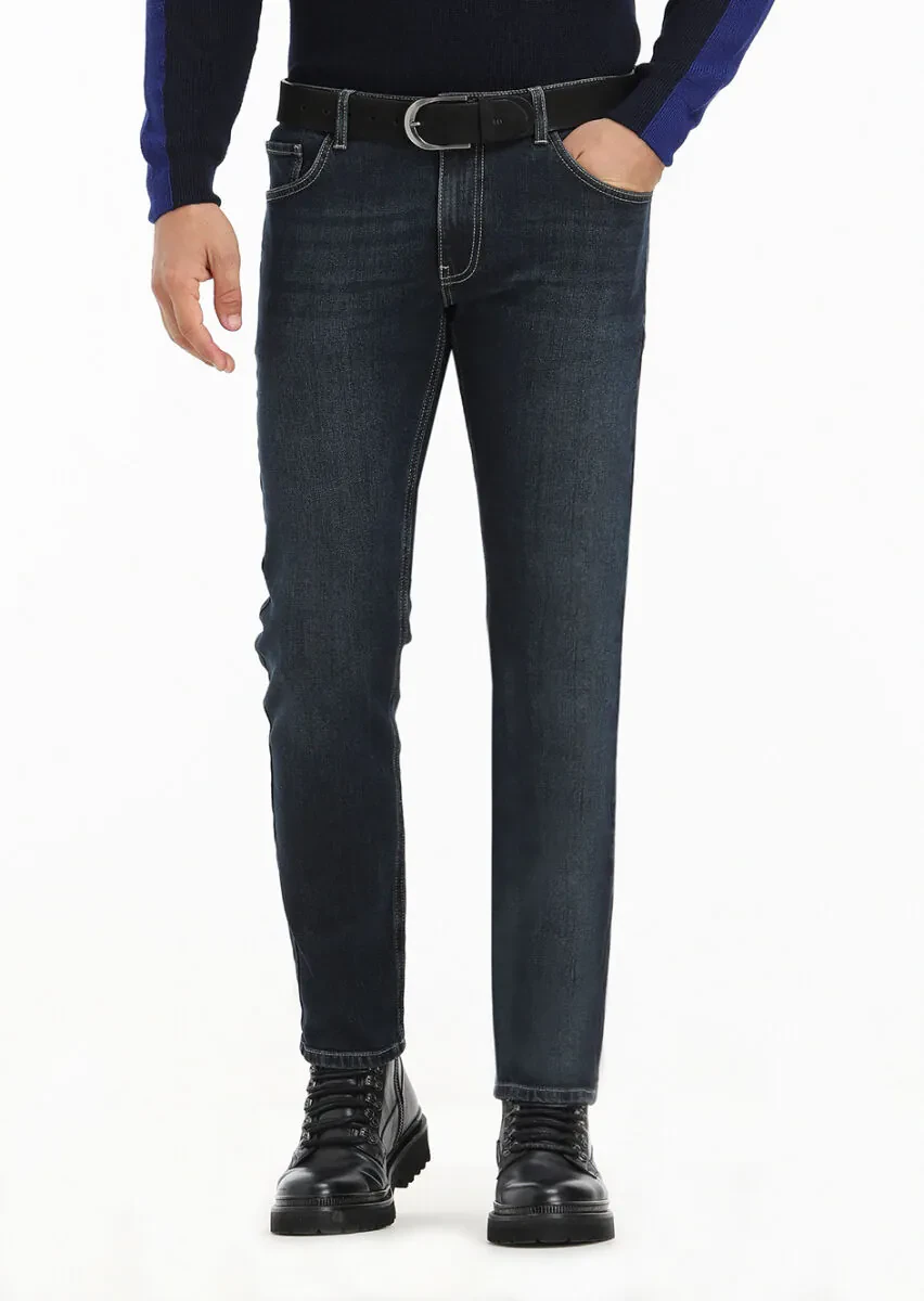 Koyu İndigo Düz Slim Fit Denim Pamuk Karışımlı Pantolon - 1
