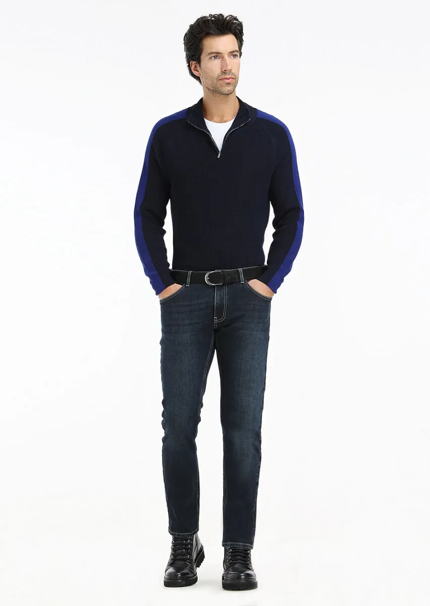 Koyu İndigo Düz Slim Fit Denim Pamuk Karışımlı Pantolon - 2