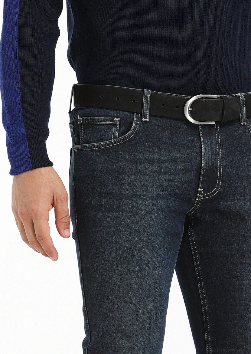 Koyu İndigo Düz Slim Fit Denim Pamuk Karışımlı Pantolon - 3
