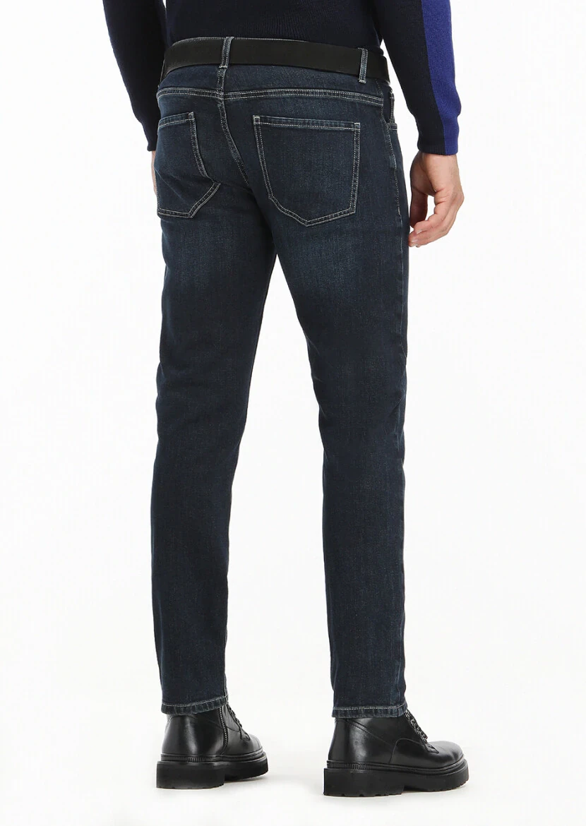 Koyu İndigo Düz Slim Fit Denim Pamuk Karışımlı Pantolon - 4