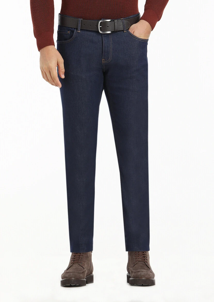 Koyu İndigo Düz Slim Fit Denim Pamuk Karışımlı Pantolon - 1