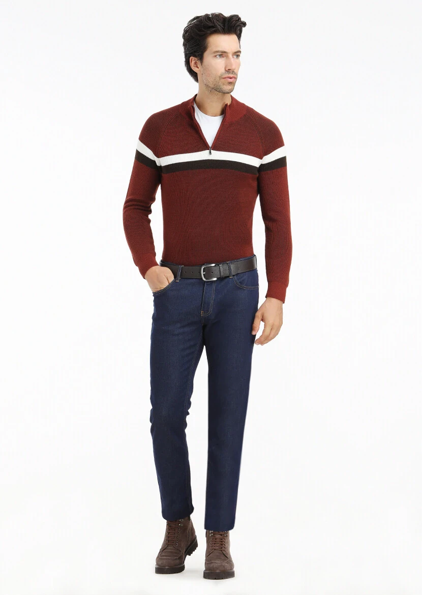 Koyu İndigo Düz Slim Fit Denim Pamuk Karışımlı Pantolon - 2