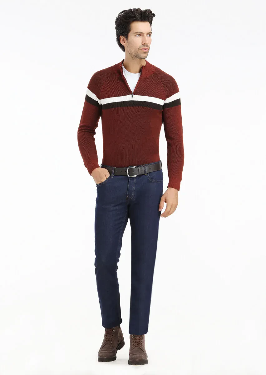 Koyu İndigo Düz Slim Fit Denim Pamuk Karışımlı Pantolon - 2