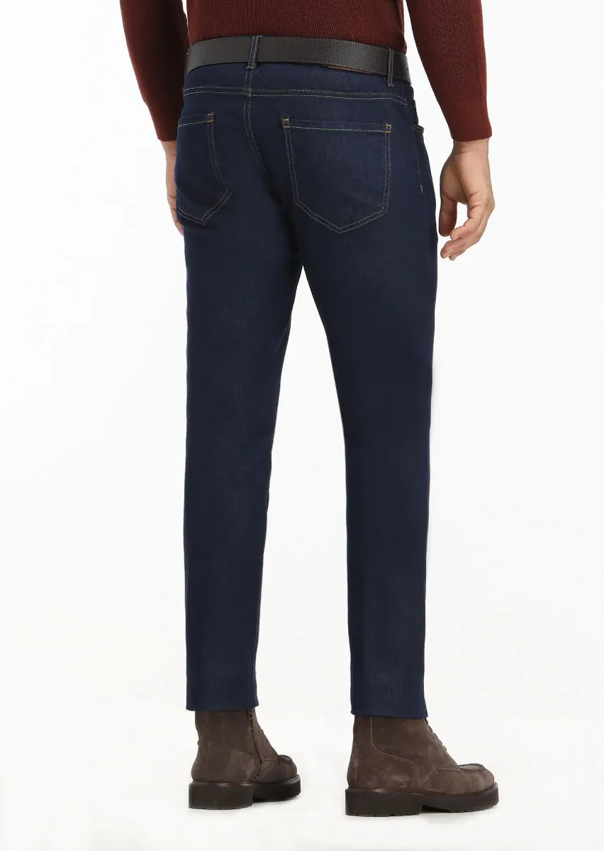 Koyu İndigo Düz Slim Fit Denim Pamuk Karışımlı Pantolon - 3