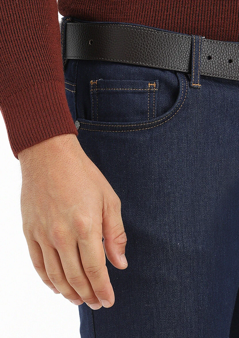 Koyu İndigo Düz Slim Fit Denim Pamuk Karışımlı Pantolon - 4