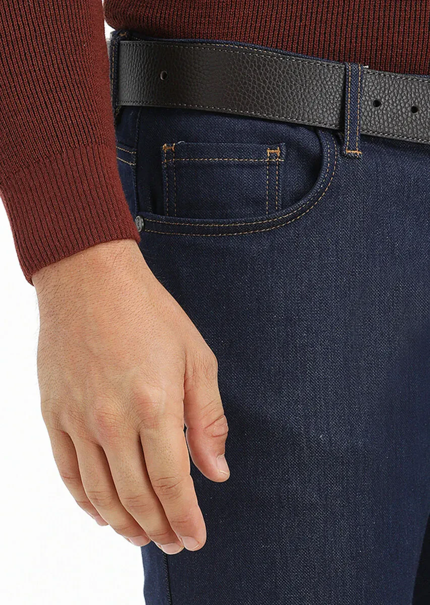 Koyu İndigo Düz Slim Fit Denim Pamuk Karışımlı Pantolon - 4
