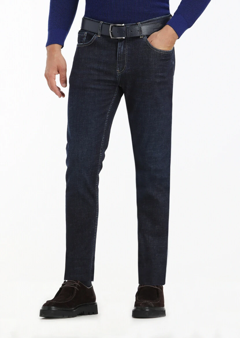 Koyu İndigo Düz Slim Fit Denim Pamuk Karışımlı Pantolon - 1