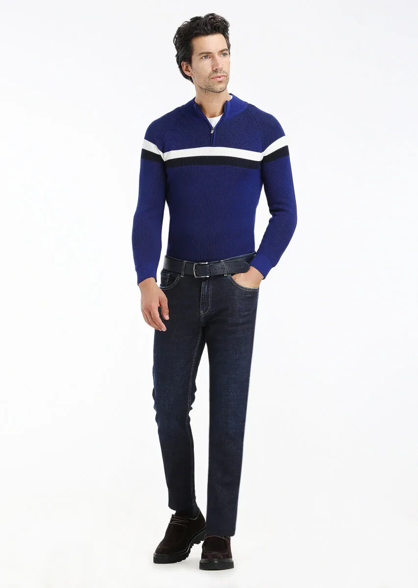 Koyu İndigo Düz Slim Fit Denim Pamuk Karışımlı Pantolon - 2