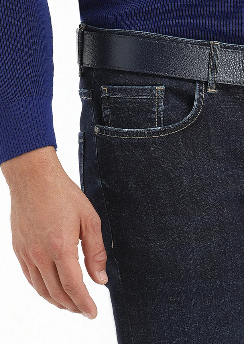 Koyu İndigo Düz Slim Fit Denim Pamuk Karışımlı Pantolon - 3