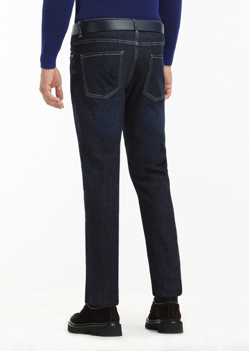Koyu İndigo Düz Slim Fit Denim Pamuk Karışımlı Pantolon - 4