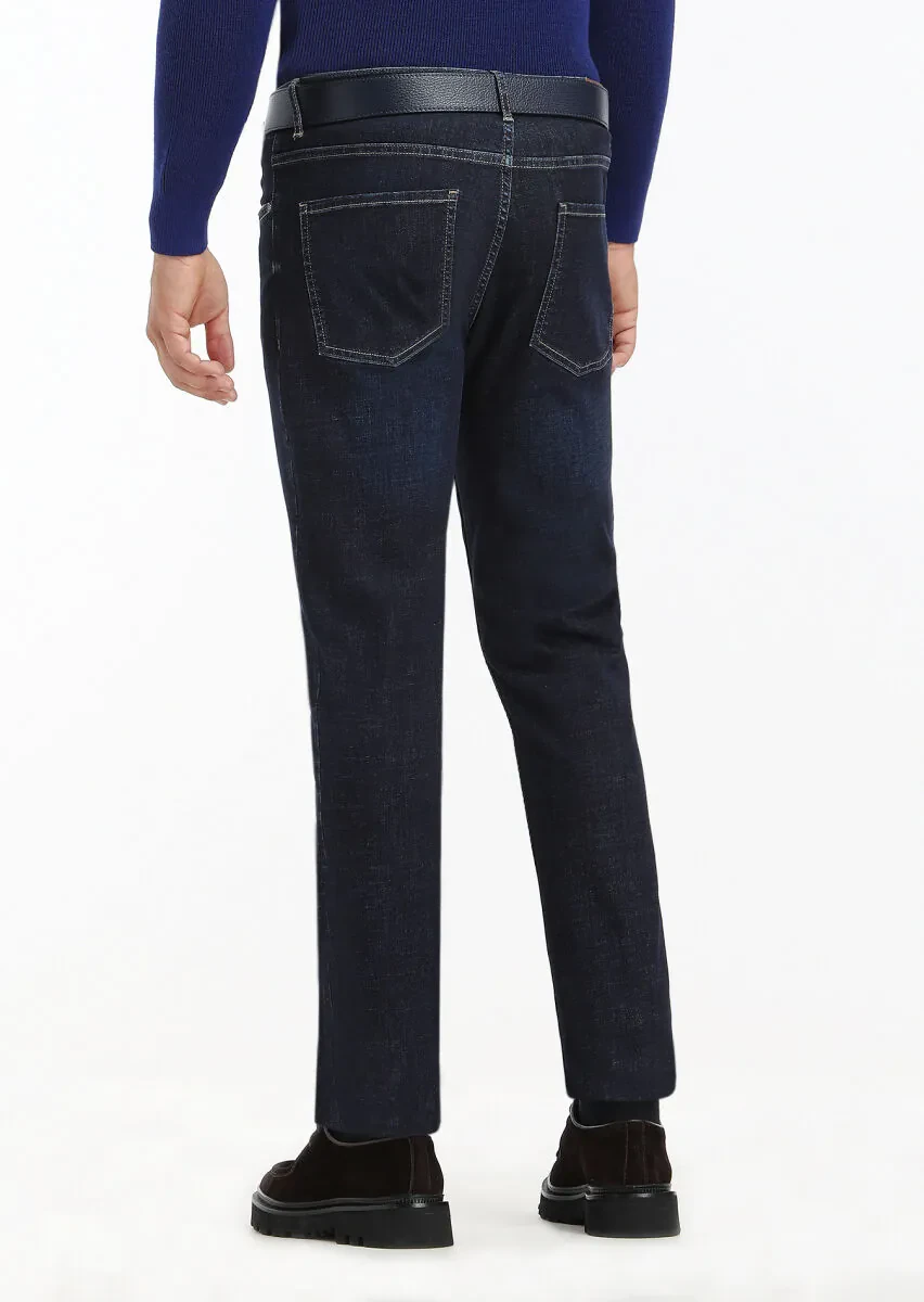 Koyu İndigo Düz Slim Fit Denim Pamuk Karışımlı Pantolon - 4