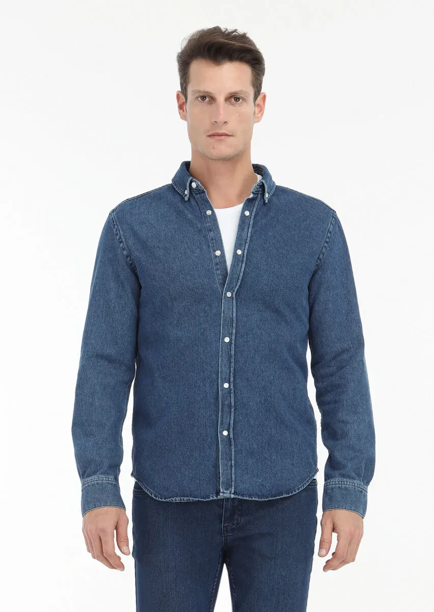 Koyu İndigo Regular Fit Denim %100 Pamuk Gömlek - 2