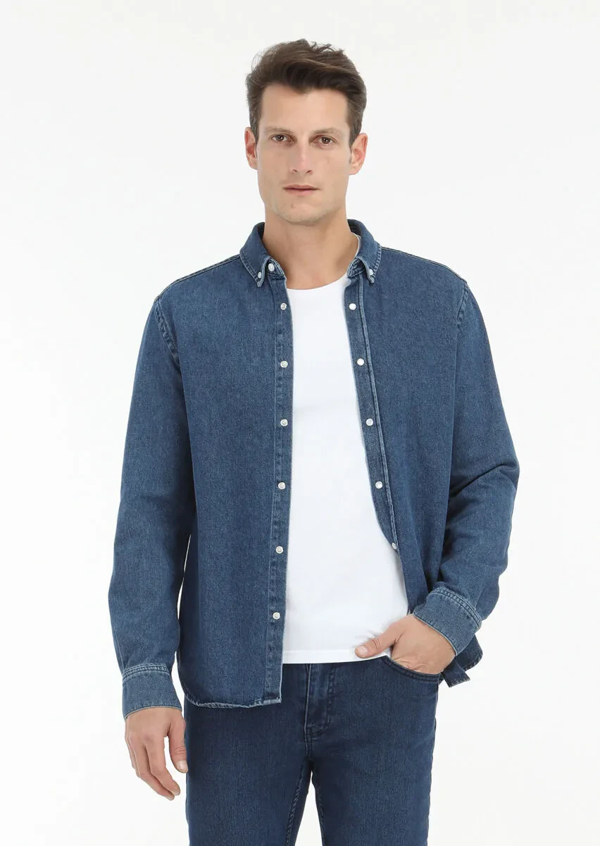 Koyu İndigo Regular Fit Denim %100 Pamuk Gömlek - 3