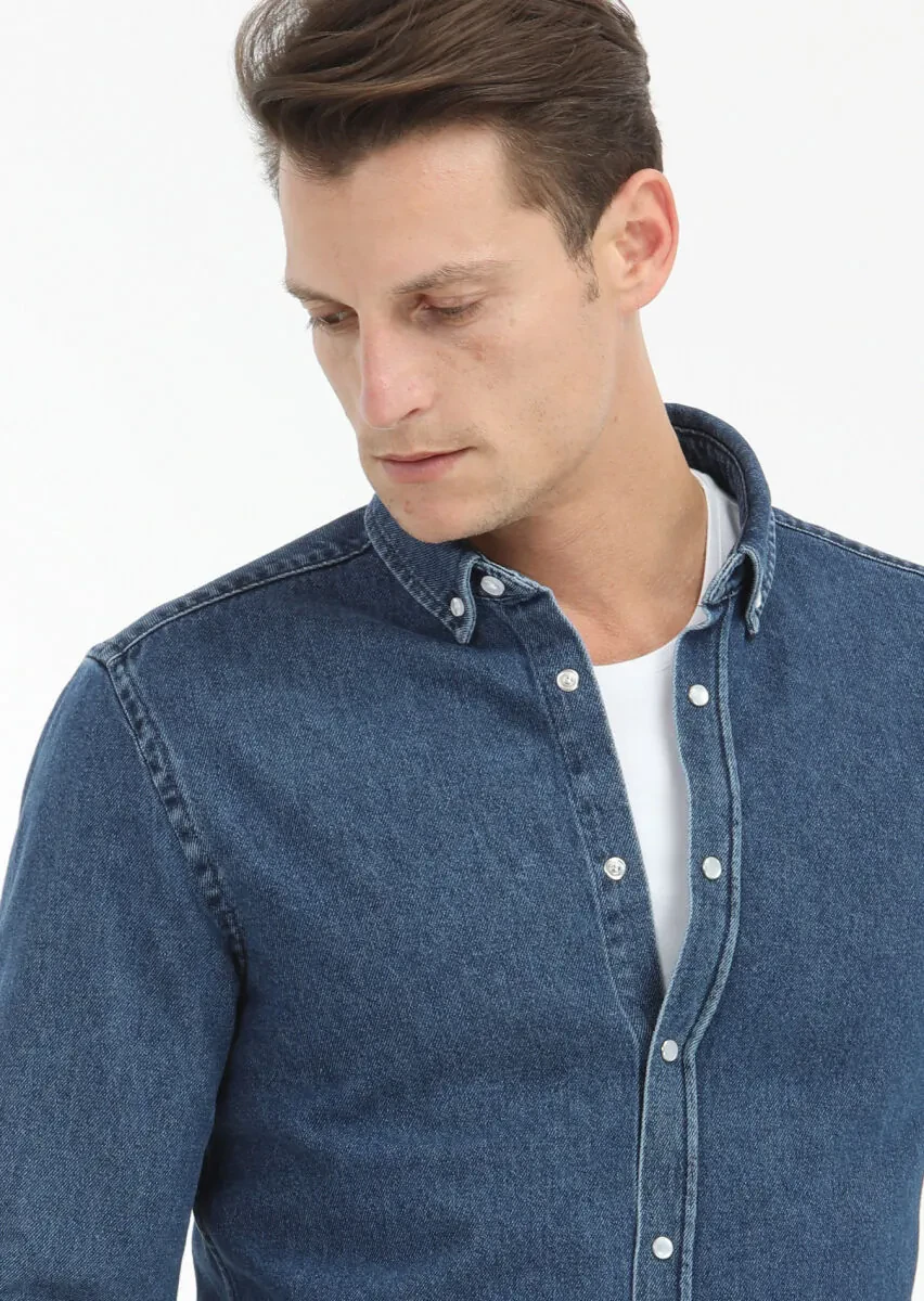 Koyu İndigo Regular Fit Denim %100 Pamuk Gömlek - 4