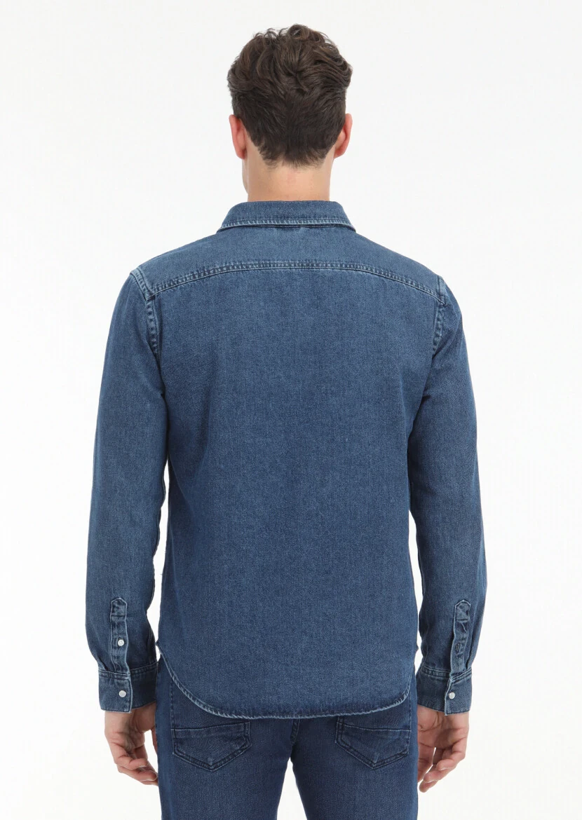 Koyu İndigo Regular Fit Denim %100 Pamuk Gömlek - 5