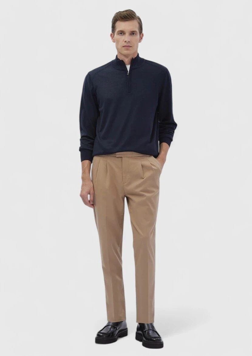 Koyu İndigo Yarım Balıkçı Yaka Düz Örgü Yün Karışımlı Triko Kazak 