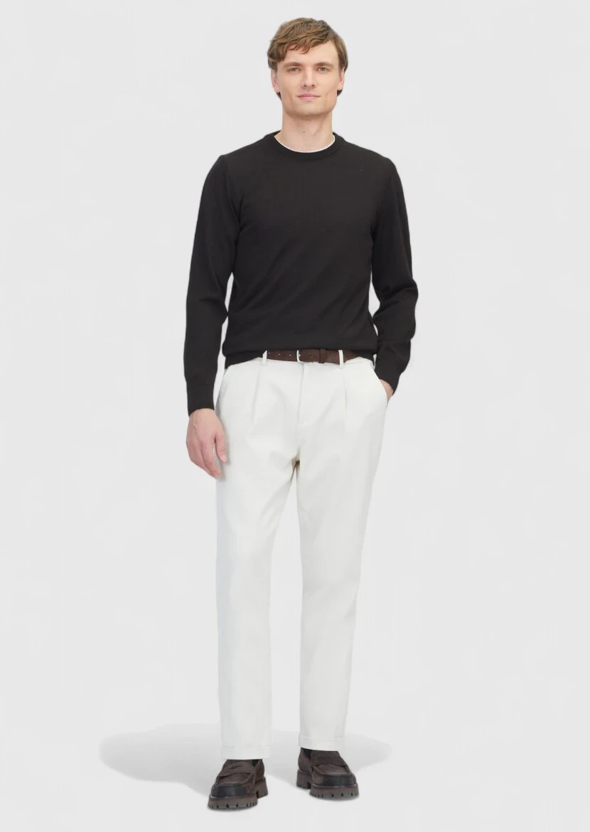 Koyu Kahve Bisiklet Yaka Düz Örgü Yün Karışımlı Triko Kazak 