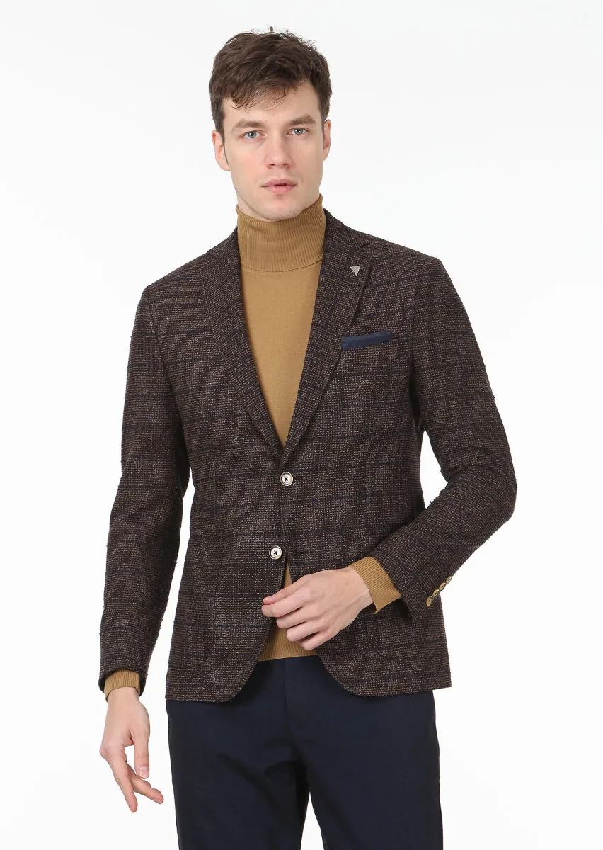 Koyu Kahve Kareli Zeroweight Slim Fit Yün Karışımlı Ceket - 1