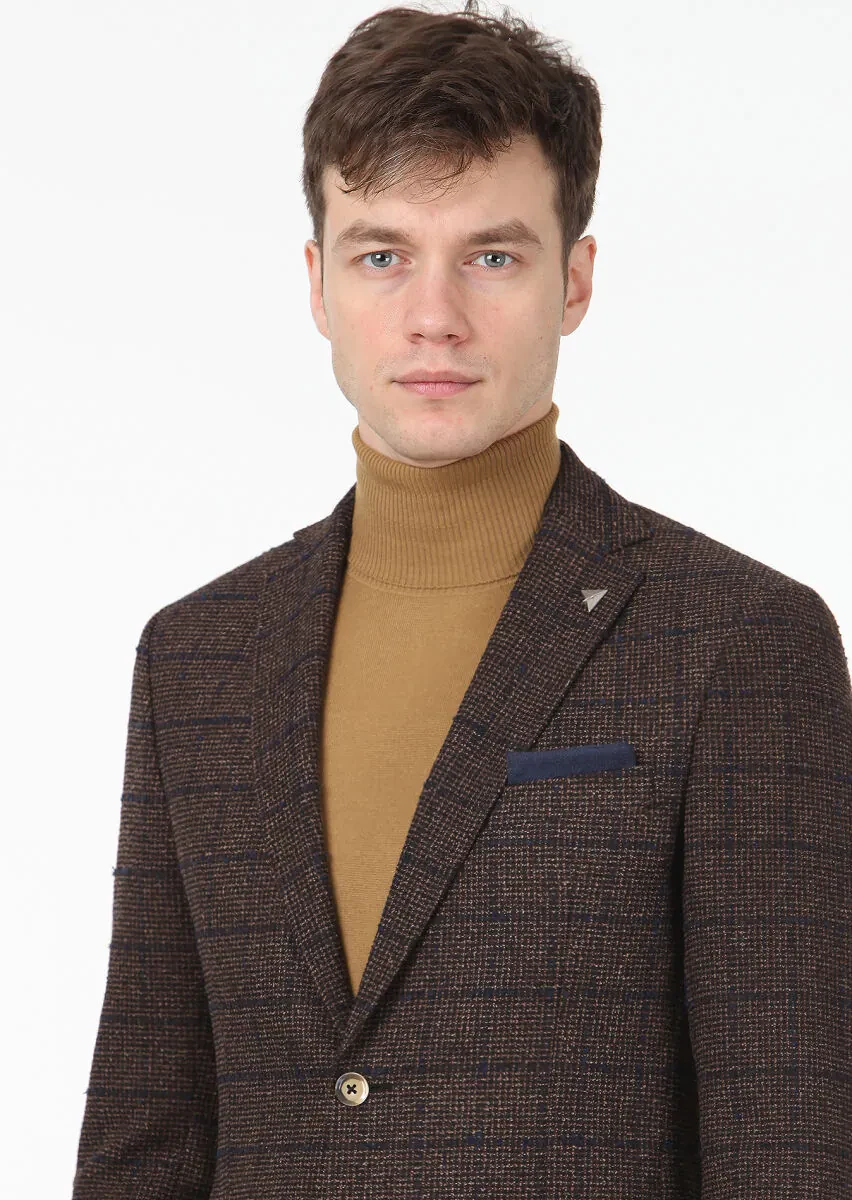 Koyu Kahve Kareli Zeroweight Slim Fit Yün Karışımlı Ceket - 2