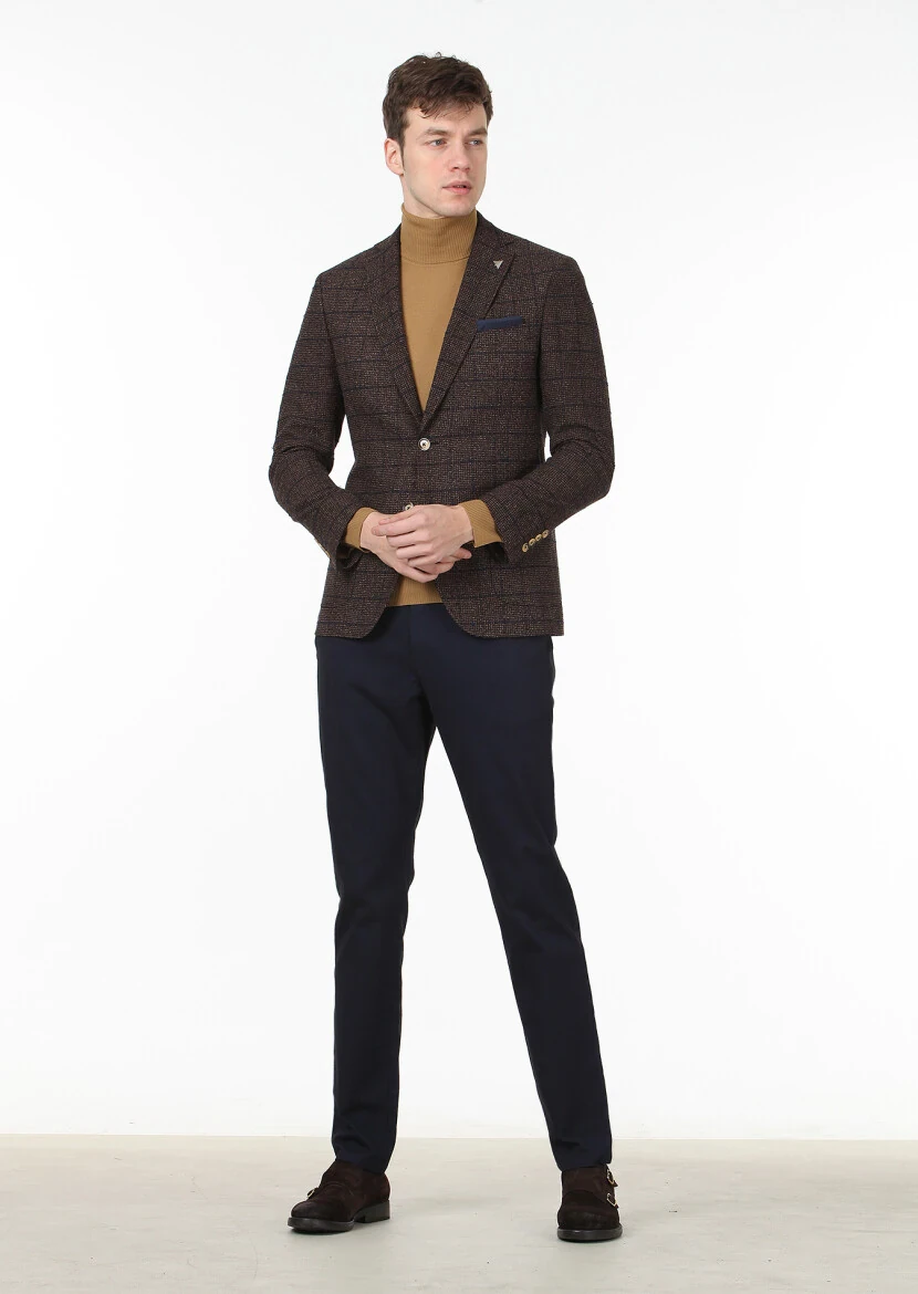 Koyu Kahve Kareli Zeroweight Slim Fit Yün Karışımlı Ceket - 3