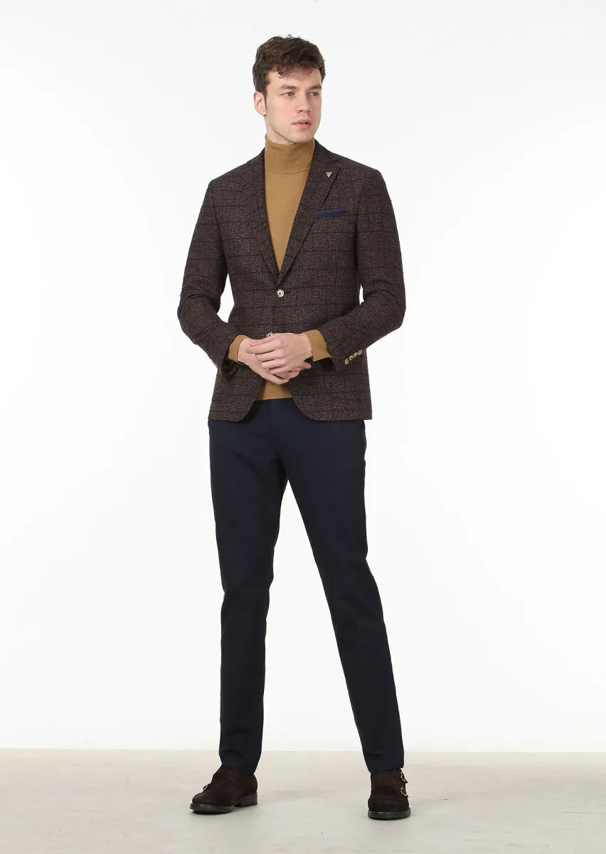 Koyu Kahve Kareli Zeroweight Slim Fit Yün Karışımlı Ceket - 3