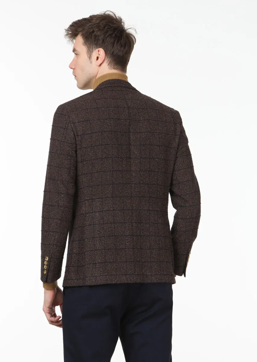 Koyu Kahve Kareli Zeroweight Slim Fit Yün Karışımlı Ceket - 4