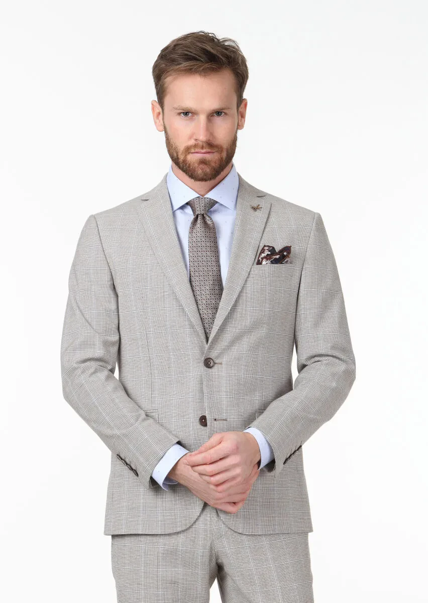 Koyu Kahve Kareli Zeroweight Slim Fit Yün Karışımlı Takım Elbise - 1