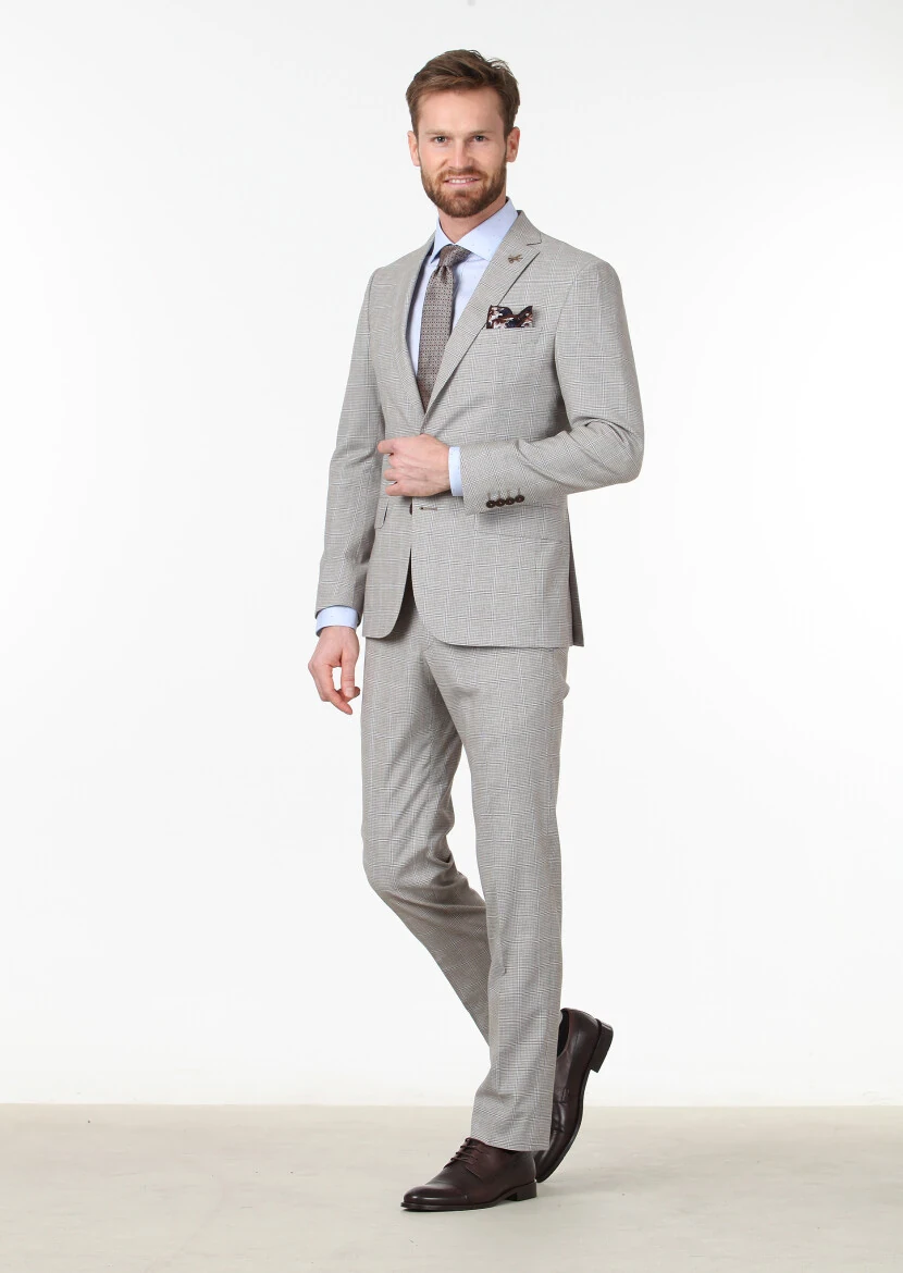 Koyu Kahve Kareli Zeroweight Slim Fit Yün Karışımlı Takım Elbise - 2