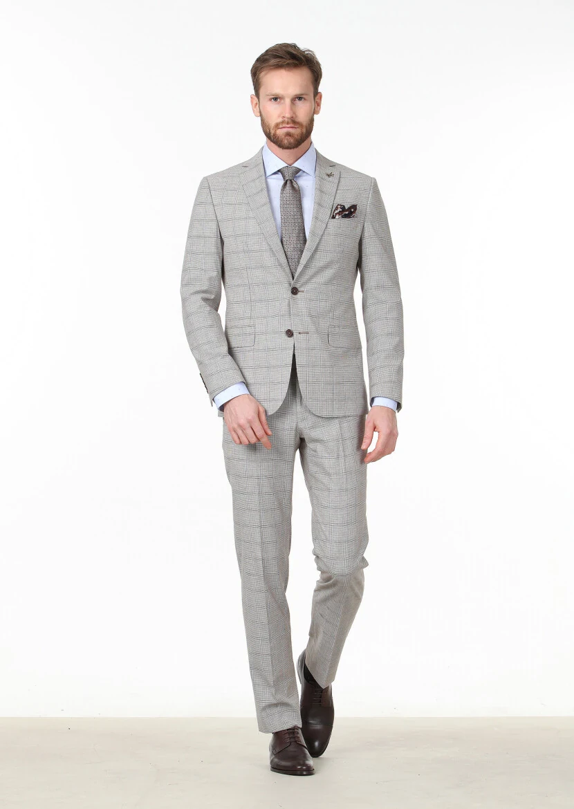 Koyu Kahve Kareli Zeroweight Slim Fit Yün Karışımlı Takım Elbise - 3